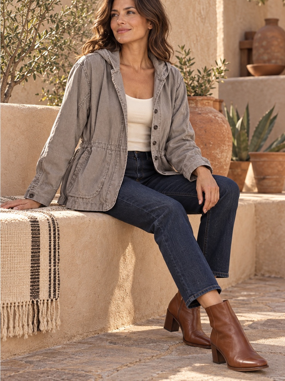 Carbon2Cobalt Linen Cotton Hooded Utility Jacket Taupe Gray M